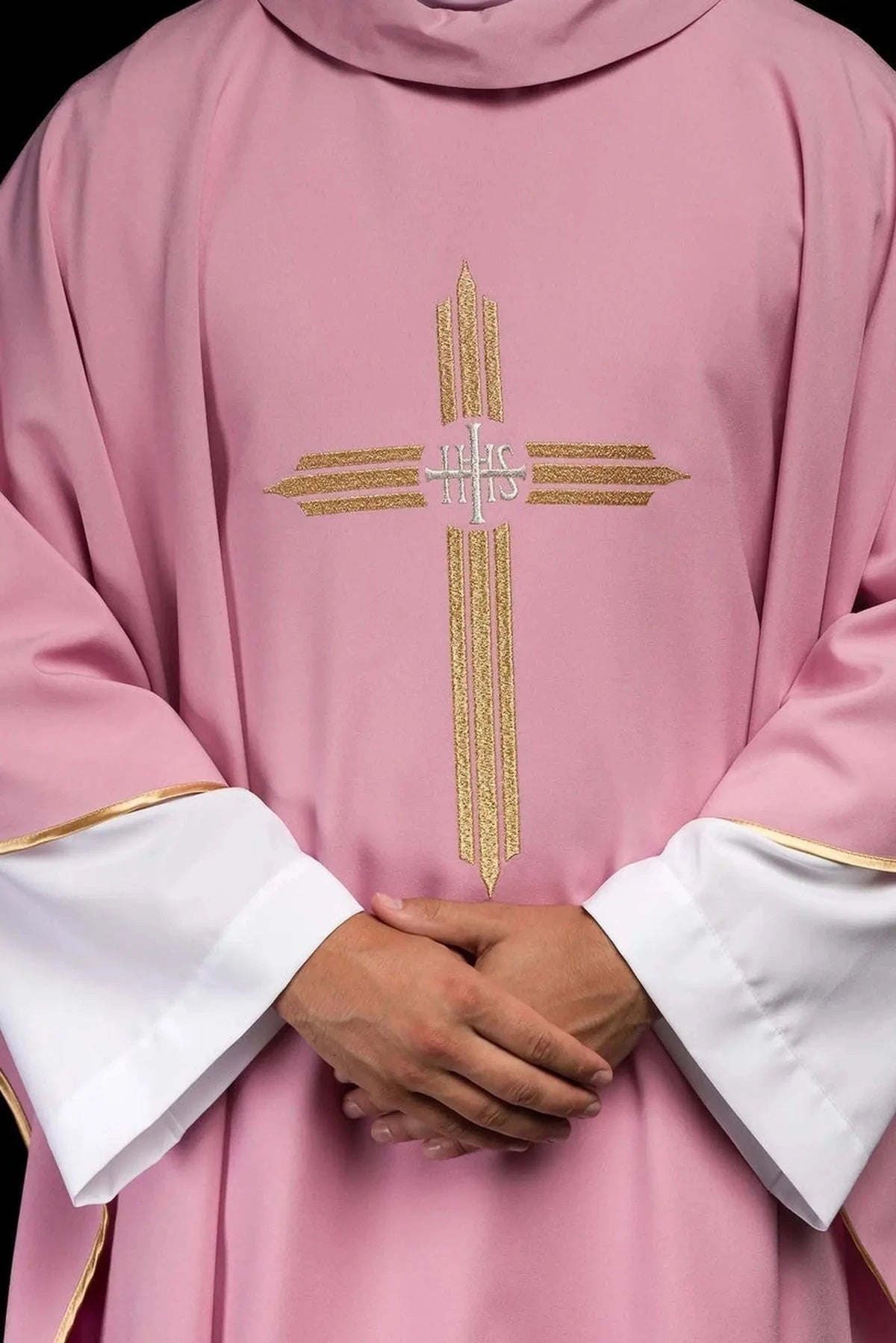 Pink Chasuble with Gold IHS Embroidery - full view