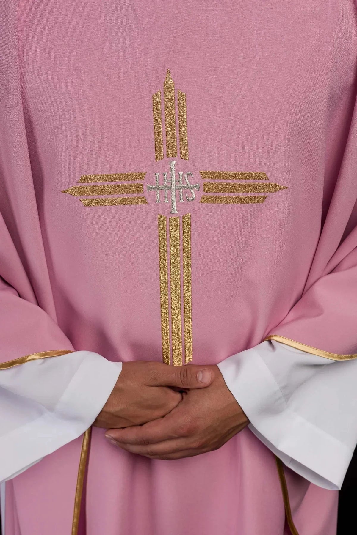 Pink Chasuble with Gold IHS Embroidery - detail 3