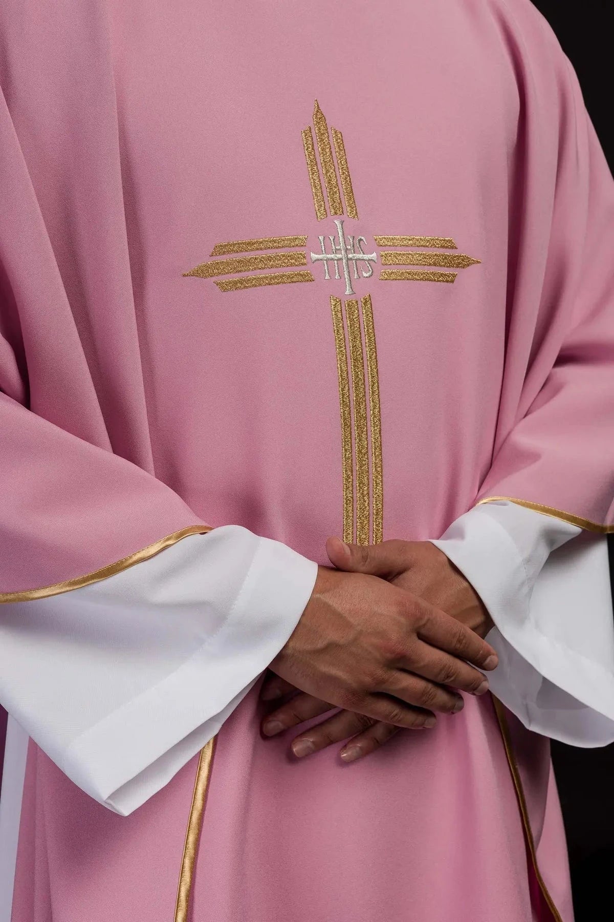Pink Chasuble with Gold IHS Embroidery - detail 4
