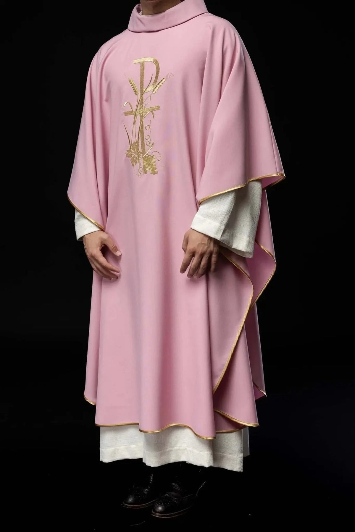 Pink Chasuble with Gold Cross Embroidery - full view
