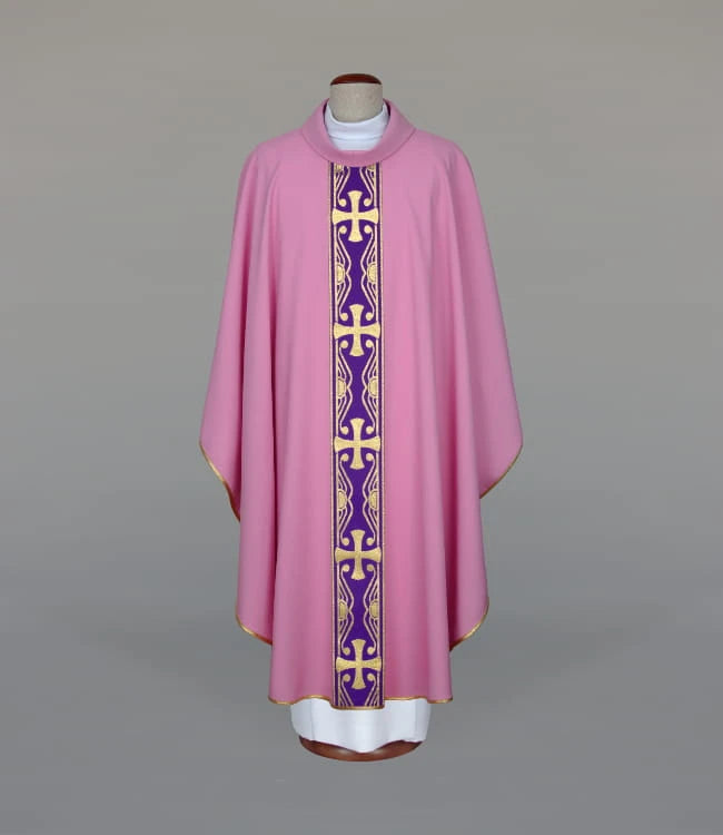 Lightweight Pink Chasuble with Woven Cross Orphrey - full view