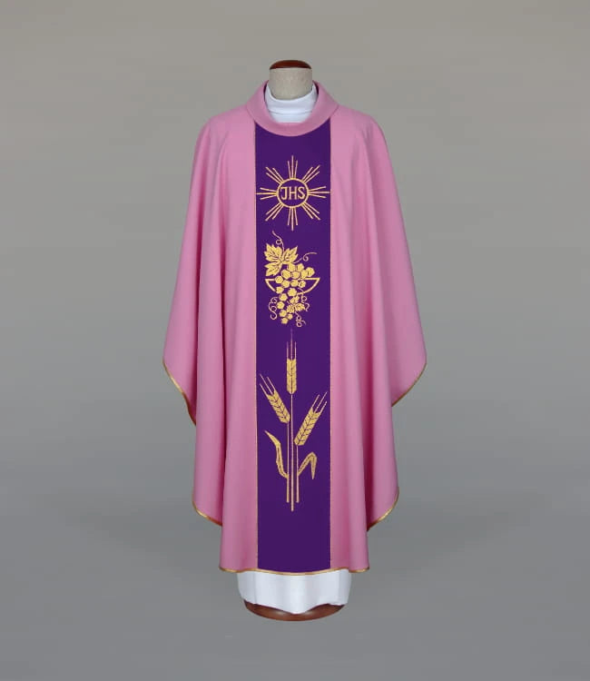 Lightweight Pink Chasuble with Woven Orphrey - Variant II - full view