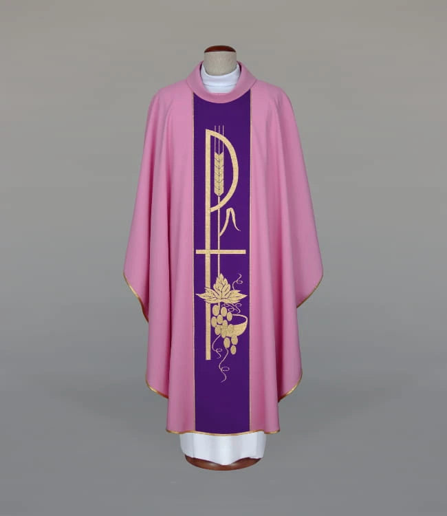 Lightweight Pink Chasuble with Woven Orphrey - Variant III - full view