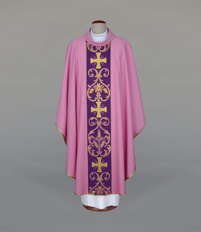 Lightweight Pink Chasuble with Woven Orphrey - Variant IV - full view