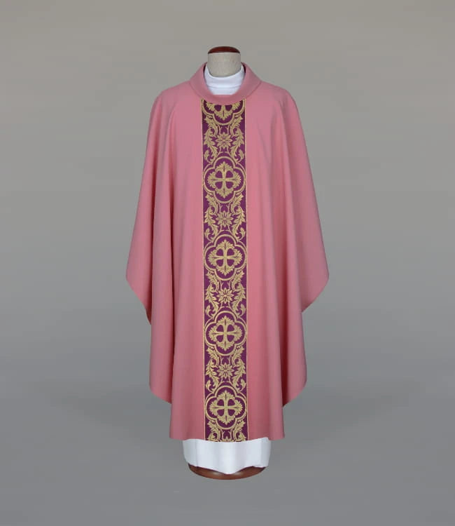 Pink Chasuble with Elegant Woven Orphrey - full view