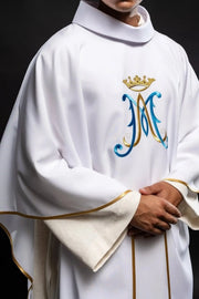 Front view — White Chasuble with Marian Embroidery and Inner Stole
