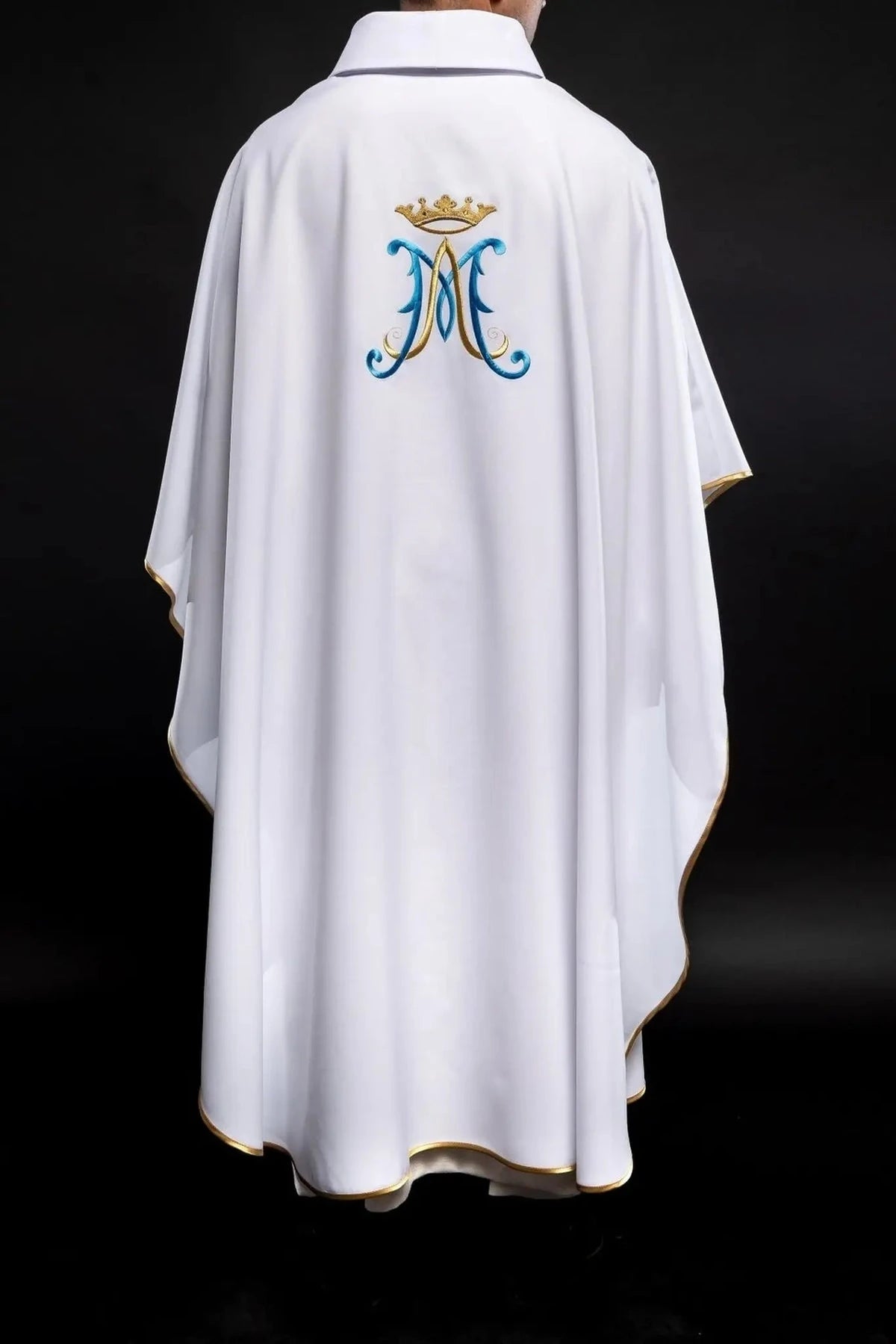 Back view — White Chasuble with Marian Embroidery and Inner Stole