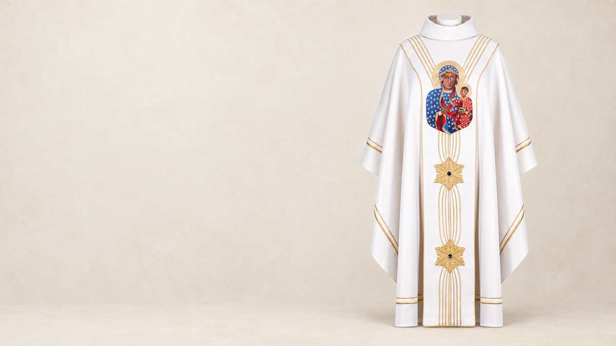 White chasuble with Our Lady of Częstochowa embroidery on a warm ivory background