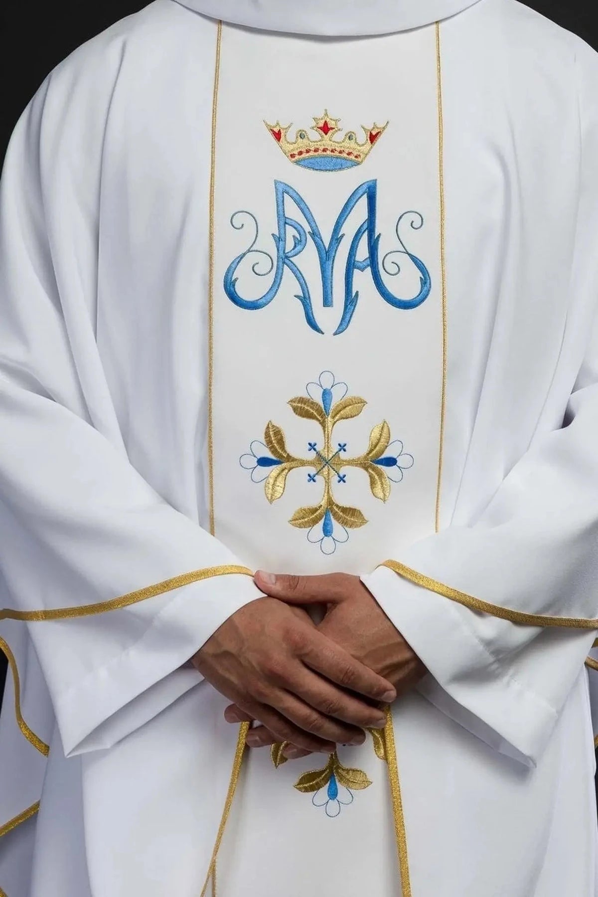 Front view — White Marian Chasuble with Embroidered Panel and Cross