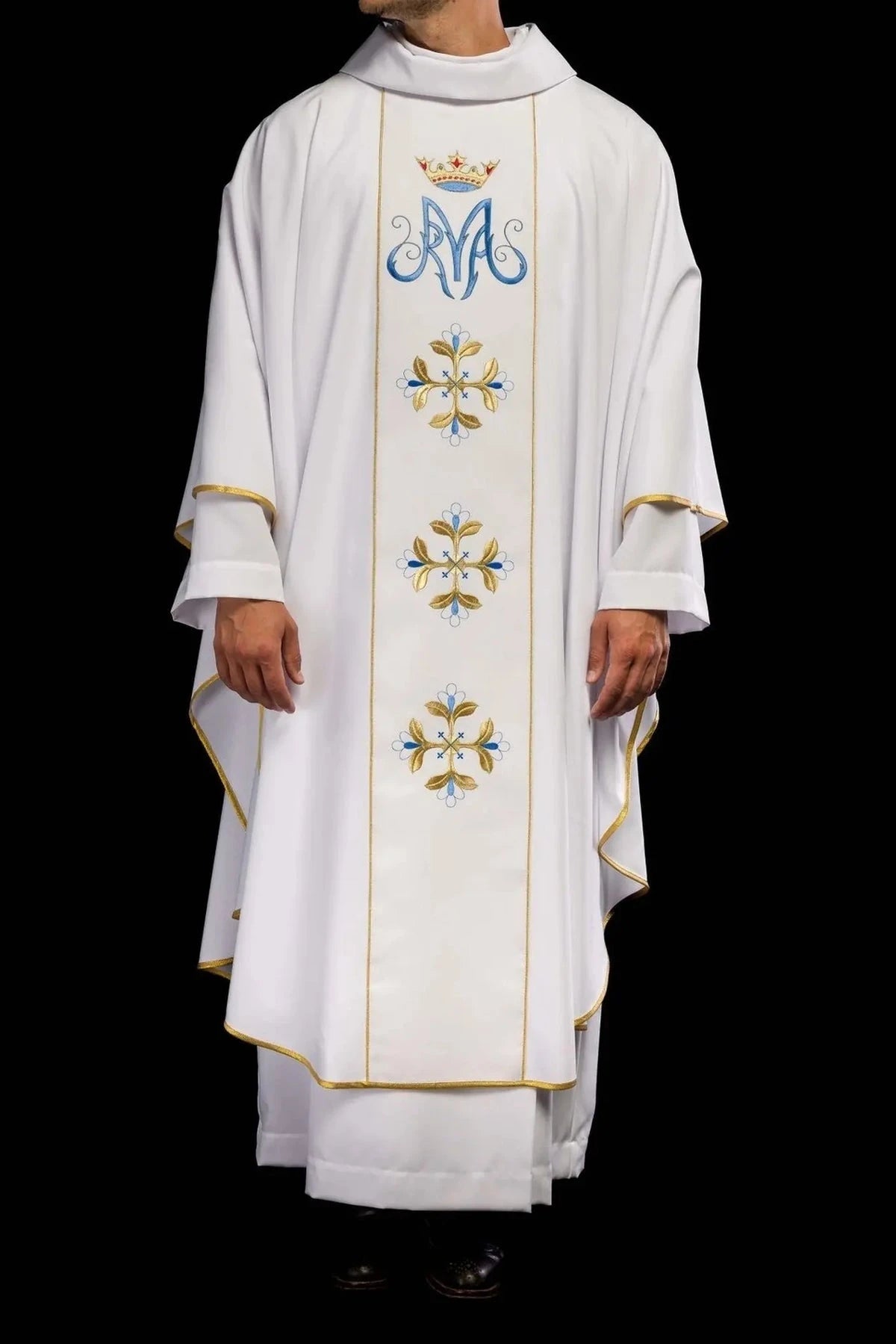Embroidery detail — White Marian Chasuble with Embroidered Panel and Cross