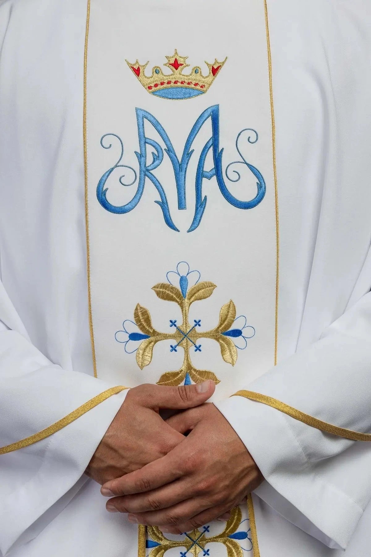 Embroidery detail — White Marian Chasuble with Embroidered Panel and Cross