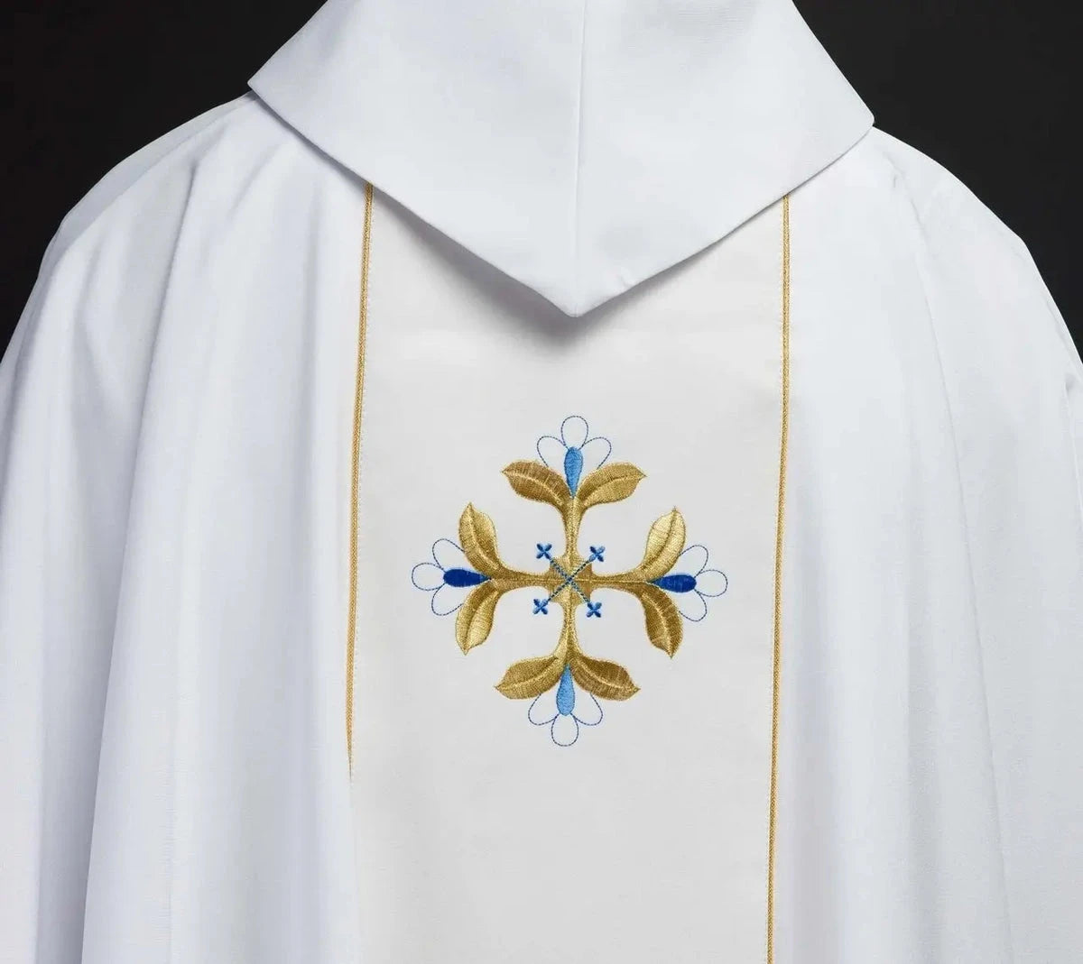 Fabric and embroidery detail — White Marian Chasuble with Embroidered Panel and Cross